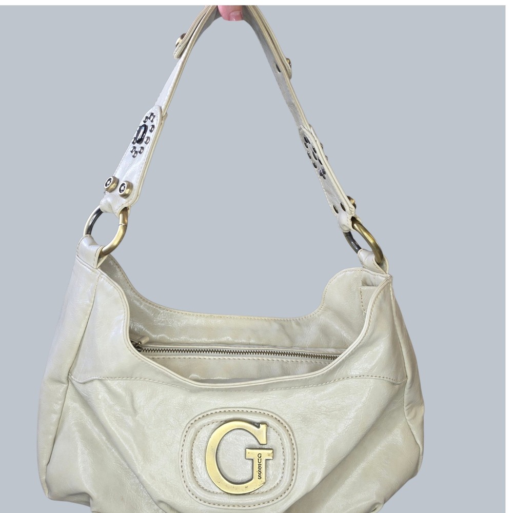 Vintage Guess Y2K McBling Hobo Shoulder Bag OS Studded Faux Leather Cream White